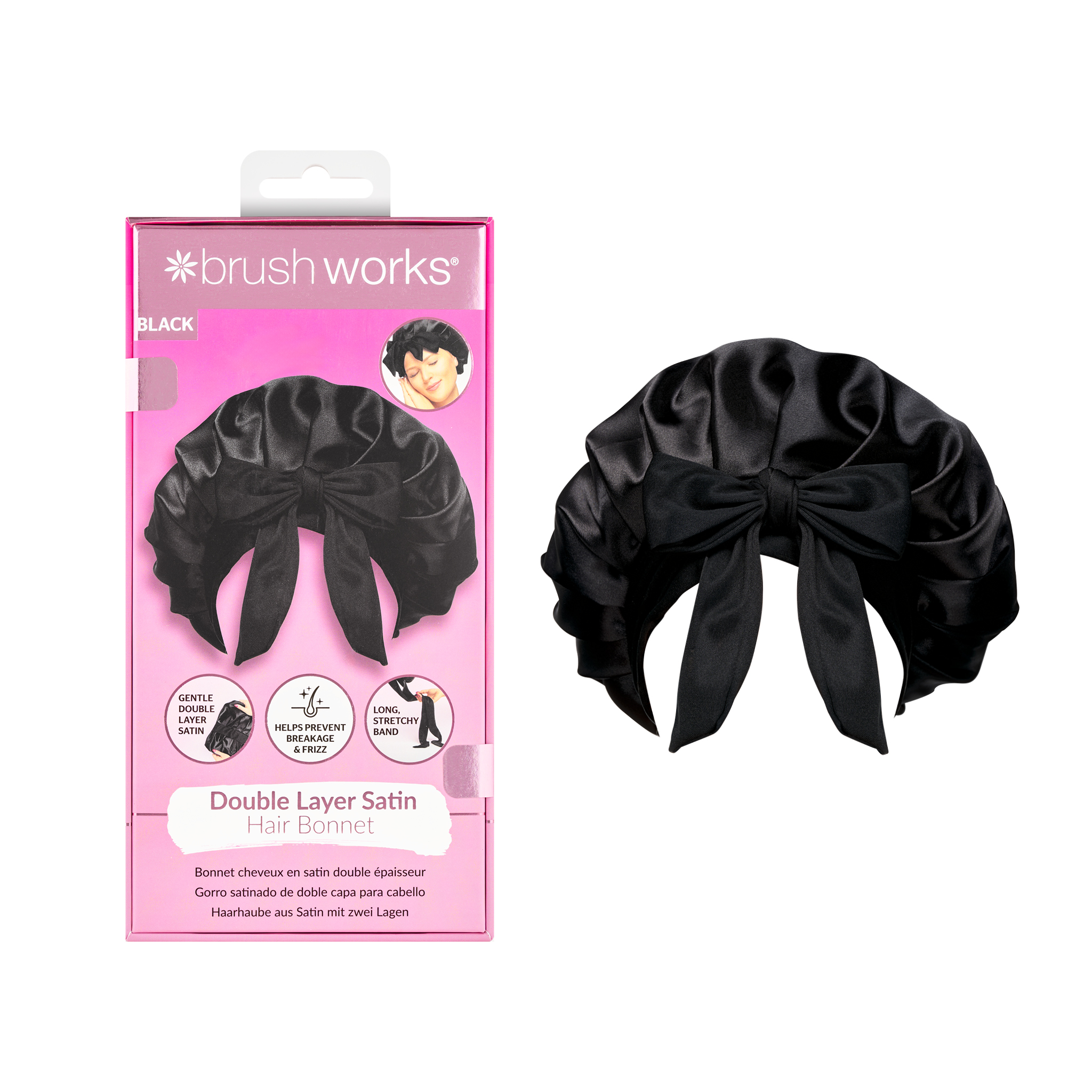 Brushworks Double Layer Satin Hair Bonnet – Black